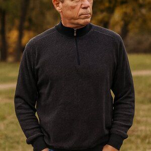 Alex Cannon Men M 1/4 Zip Pullover Mock Neck Gray Herringbone‎ Long Sleeve Elbow